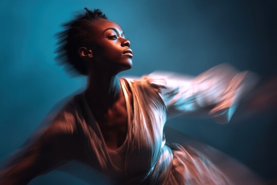 Female dancer performing expressive movement with motion blur in studio lighting
