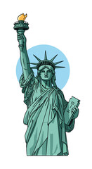 Fototapeta premium Stylized illustration of the Statue of Liberty, a famous American landmark, holding its iconic torch and tablet against a simple blue circle background.