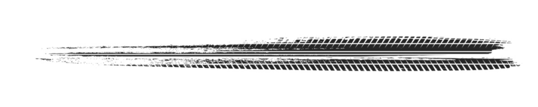 Black tire marks on road, Black rubber tire marks and tread marks, Tire trace track wheels texture and background, Auto tire tread grunge, Car wheel tyre tread track black tyre print, Top view.