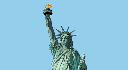 The Statue of Liberty, a colossal neoclassical sculpture on Liberty Island in New York Harbor, stands tall against a clear blue sky, holding her torch aloft. © Naruto