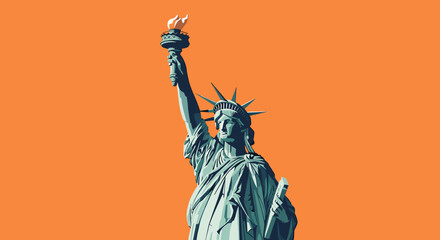Stylized graphic illustration of the Statue of Liberty against a vibrant orange background, highlighting its iconic silhouette and torch. © Pitu