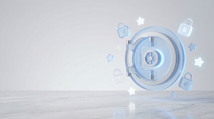 Fototapeta premium Conceptual illustration of a glowing digital shield protecting money and a bank vault door for secure savings