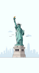 Fototapeta premium A stylized illustration of the Statue of Liberty standing tall against a pale blue sky with a distant city skyline.