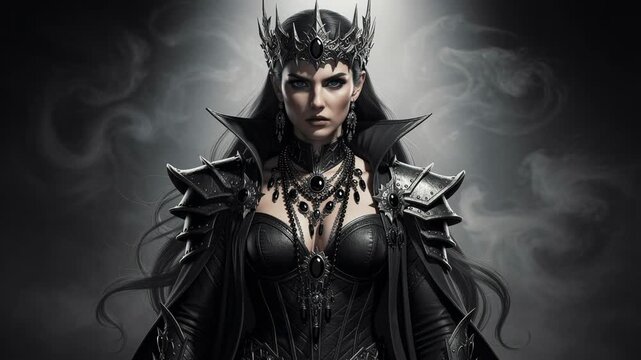 Dark fantasy queen with gothic armor and intricate crown in mystical smoky background