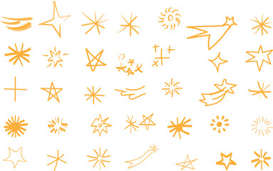 Fototapeta premium Star gold sticker icon collage set. Star icon sketch hand drawn line brush crayon texture vintage background. Star sticker crayon texture icon set. Vector Collection Hand Drawn Doodle Shapes of Stars 