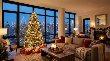 Cozy Christmas apartment living room with city skyline view at night