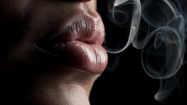 Close up of lips exhaling smoke on black background with detailed skin texture and soft lighting