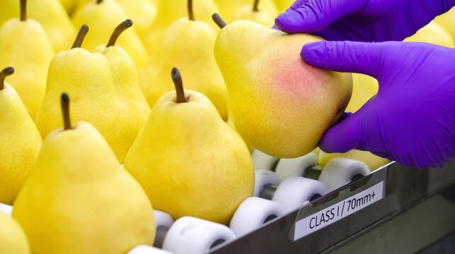 Quality checking harvested pears for size and bruising.