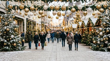 Obraz premium Festive Christmas market street scene with snow-covered trees and glowing lights