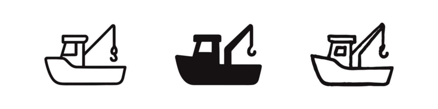 Fishing boat icon set with crane. Trawler or commercial fishing vessel vector symbols for marine industry.