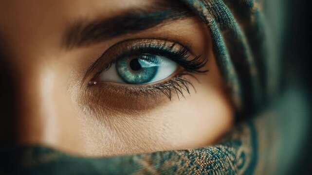 Close-up of eye with scarf in a bright room during daylight