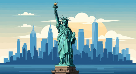 The iconic Statue of Liberty stands tall against the New York City skyline under a warm, hazy sun. © Naruto