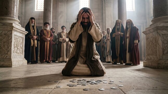 Man judas repenting, returning 30 pieces of silver to high priests in temple, biblical scene for Easter and Good Friday story.