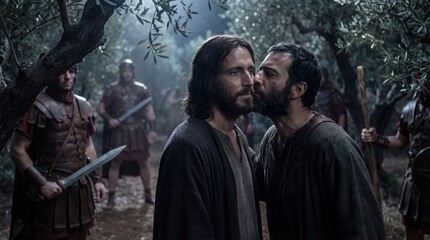 Obraz premium Man Judas kissing Jesus Christ on cheek, symbolizing betrayal, with Roman soldiers nearby. Religious Passion Week Easter story concept.