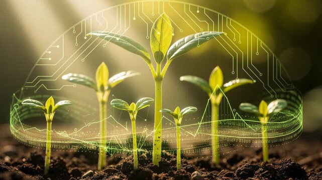 Young green plant sprouts protected by futuristic digital technology concept for sustainable growth