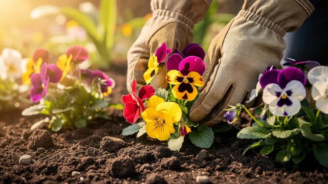 Hands planting colorful pansy flowers in garden soil with sunlight in spring gardening activity