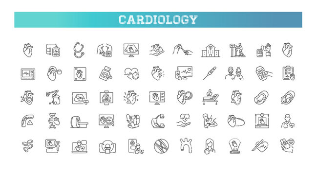 Cardiology line icons set. Heart attack. Myocardial infarction