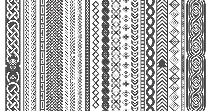 A collection of diverse traditional celtic knotwork and geometric border designs in black and white