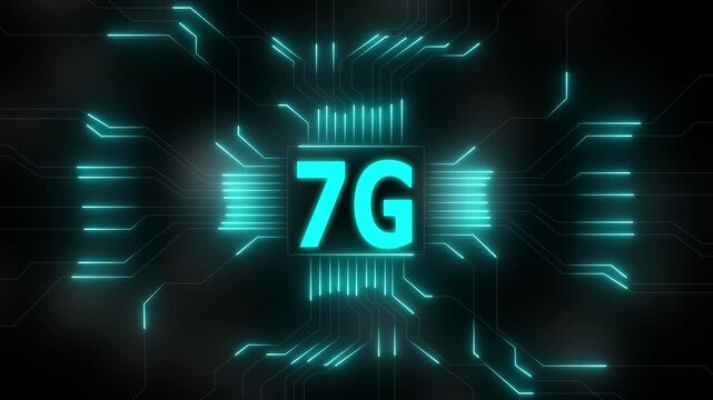Glowing 7g network lines connecting digital data points on a dark abstract background , Futuristic 7G network visualizes digital data, Glowing lines and circuits enhance global connectivity .