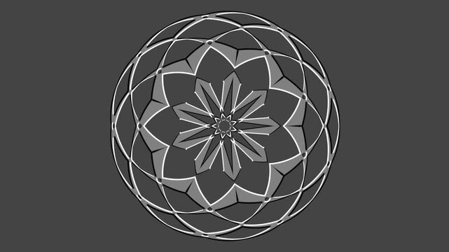 Monochrome grey 3D sphere with white geometric mandala patterns and rotating floral symmetry for sophisticated architectural and corporate backgrounds