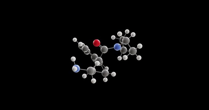 Levomilnacipran molecule, rotating 3D model of serotonin-norepinephrine reuptake inhibitor, looped video on a black background
