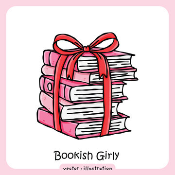 Hand drawn stack of pink books tied with a bow isolated on white background