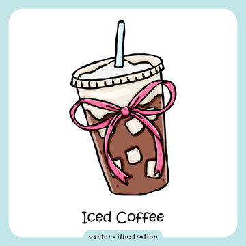 Hand drawn cute iced coffee vector illustration with pink ribbon and ice cubes