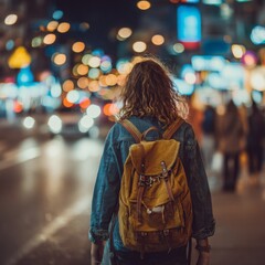 Obraz premium Backpack man standing at railway train background. Travel adventure and freedom concept. 