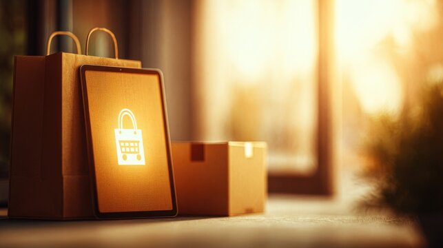 Secure Online Shopping Concept with Shopping Bags and Digital Tablet Displaying Lock Icon in Warm Indoor Setting