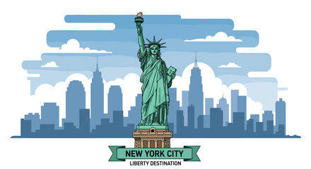 The iconic Statue of Liberty stands tall against a stylized New York City skyline with clouds. © Pitu