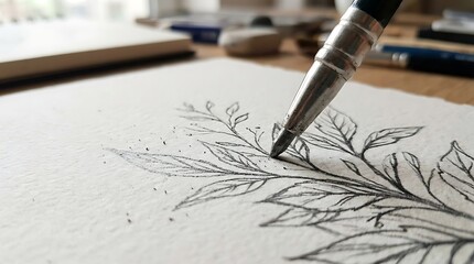 Fototapeta premium Close-up of a mechanical pencil sketching delicate botanical leaves on textured paper, capturing the artistic process