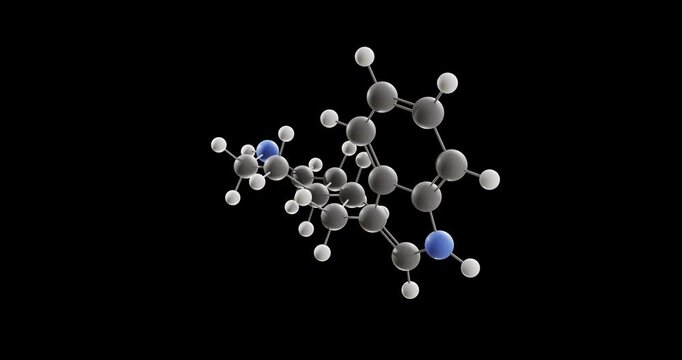 Indalpine molecule, rotating 3D model of serotonin reuptake inhibitor, looped video on a black background
