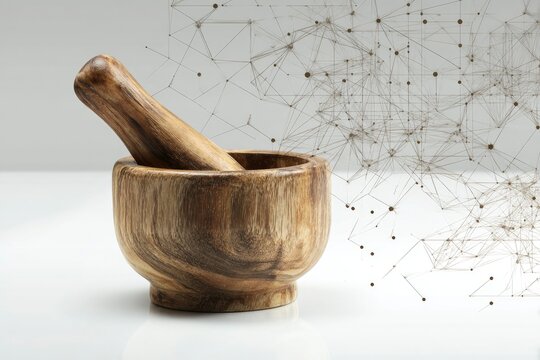 Wooden mortar and pestle with abstract digital network lines, concept of natural medicine integration with modern technology.