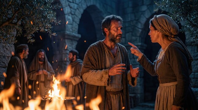 Woman accusing man by fire, betrayal of Peter and denial of Jesus Christ concept representation for Easter and religious education.