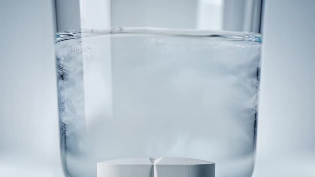 Effervescent tablet dissolving in a glass of water creating bubbles.