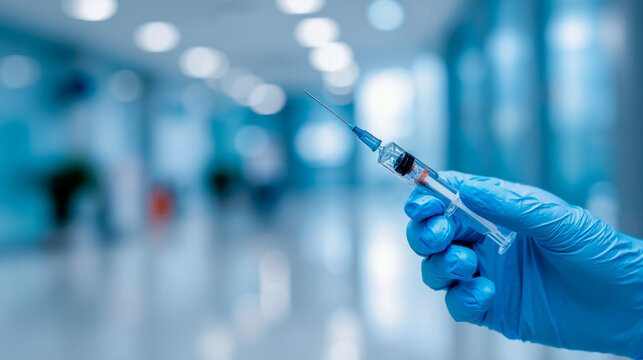 A hand wearing blue gloves is holding a syringe with a needle