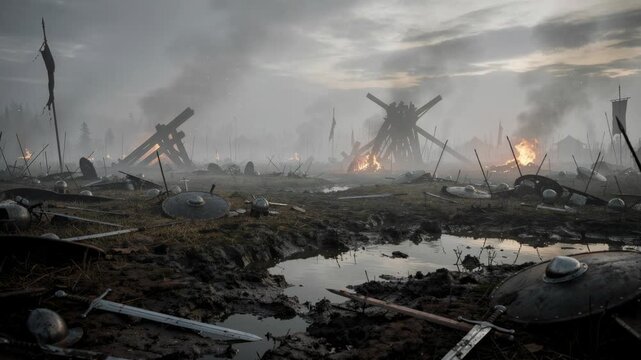 Epic medieval battlefield scene with burning siege weapons scattered weapons and smoky sky