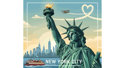 Vintage travel poster illustration of the iconic Statue of Liberty with the New York City skyline, a ferry, and a biplane leaving a heart trail in the sky. © Pitu
