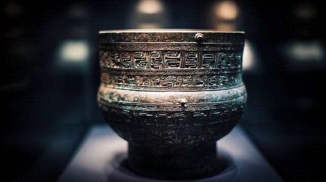 Shang Bronze Ritual Vessel under Focused Gallery Lighting in Museum, Perfectly Preserved Highlighting Patina, Dark Background Timeless Elegance, Ancient Sacrificial Vessel