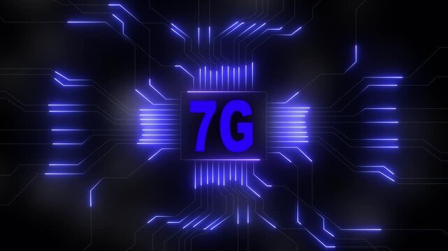 Glowing 7g network lines connecting digital data points on a dark abstract background , Futuristic 7G network visualizes digital data, Glowing lines and circuits enhance global connectivity .