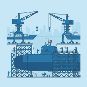 Submarine Construction in a Dry Dock with Cranes.
