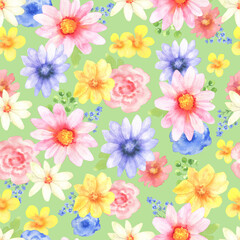 Obraz premium Seamless pattern of colored flowers soft green