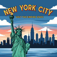 Retro travel poster illustration of the Statue of Liberty and New York City skyline at sunset, with text 'NEW YORK CITY' and 'VISIT THE EMPIRE STATE'. © Naruto