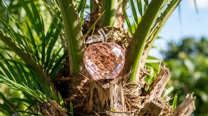 Fototapeta premium Crystal apple figurine sitting on palm tree trunk. Decorative glass fruit ornament in tropical nature setting. Luxury home decor and sunny summer garden concept for lifestyle design.