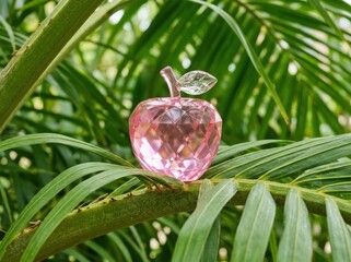 Pink crystal apple figurine placed on a palm leaf. Decorative glass fruit ornament for home interior design. Symbol of health and wellness in a tropical garden setting. Elegant object.