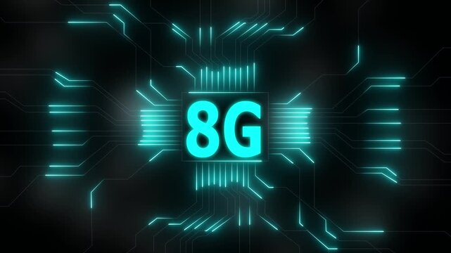 Glowing 8g network lines connecting digital data points on a dark abstract background , Futuristic 8G network visualizes digital data, Glowing lines and circuits enhance global connectivity .