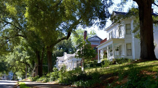 Historic Augusta Georgia Antebellum Southern Architecture, Ancient Oak Trees Dappled Sunlight, Column Porch Iron Details, Street Scene
