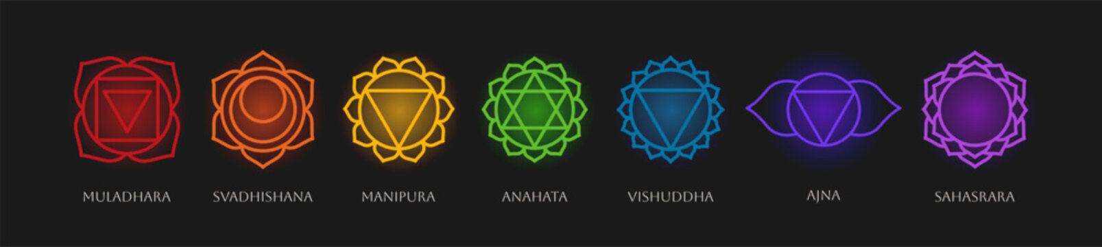 Set of Chakra system yoga colorful sign symbol on black background. Vector illustration