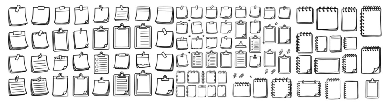 Large collection of hand drawn paper notes sticky note pads clipboards and notebook icons for planners and office design elements doodles isolated on white background vector graphic art