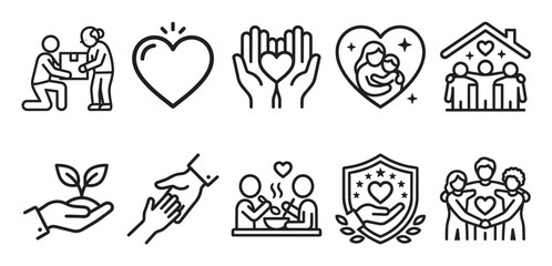 Fototapeta premium A diverse collection of minimalist black line art icons illustrating themes of charity, community, love, and support, including family, helping hands, and environmental care, on a white background.